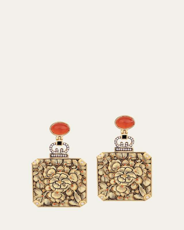 Flower Papier Mache Square Earrings with Diamonds, Carnelian and Onyx